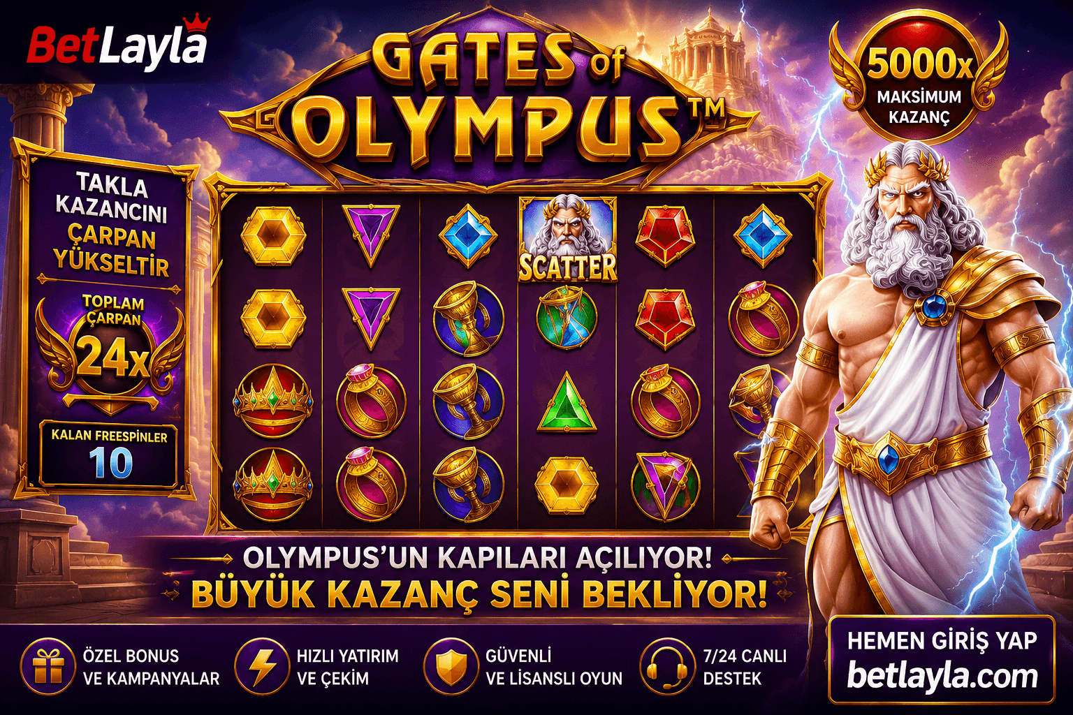 Zeus neben dem Gates of Olympus Spielautomaten mit bunten Edelsteinen und BetLayla-Branding in Gold.